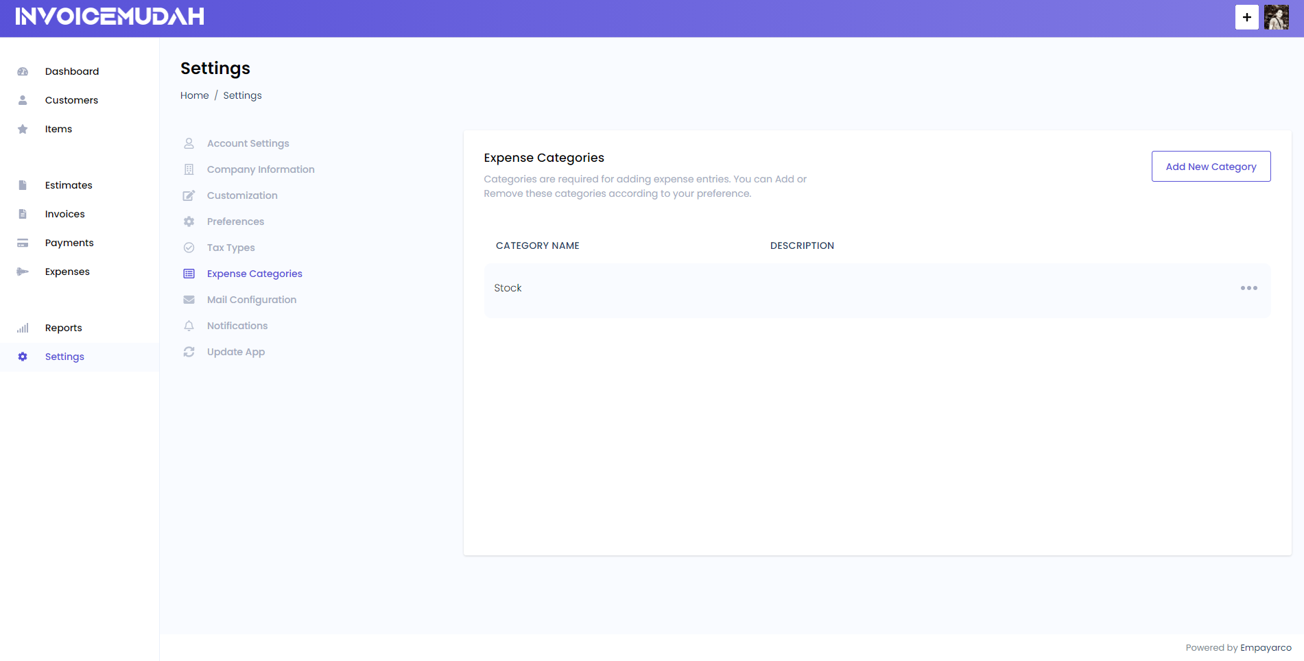 Expense Categories Page