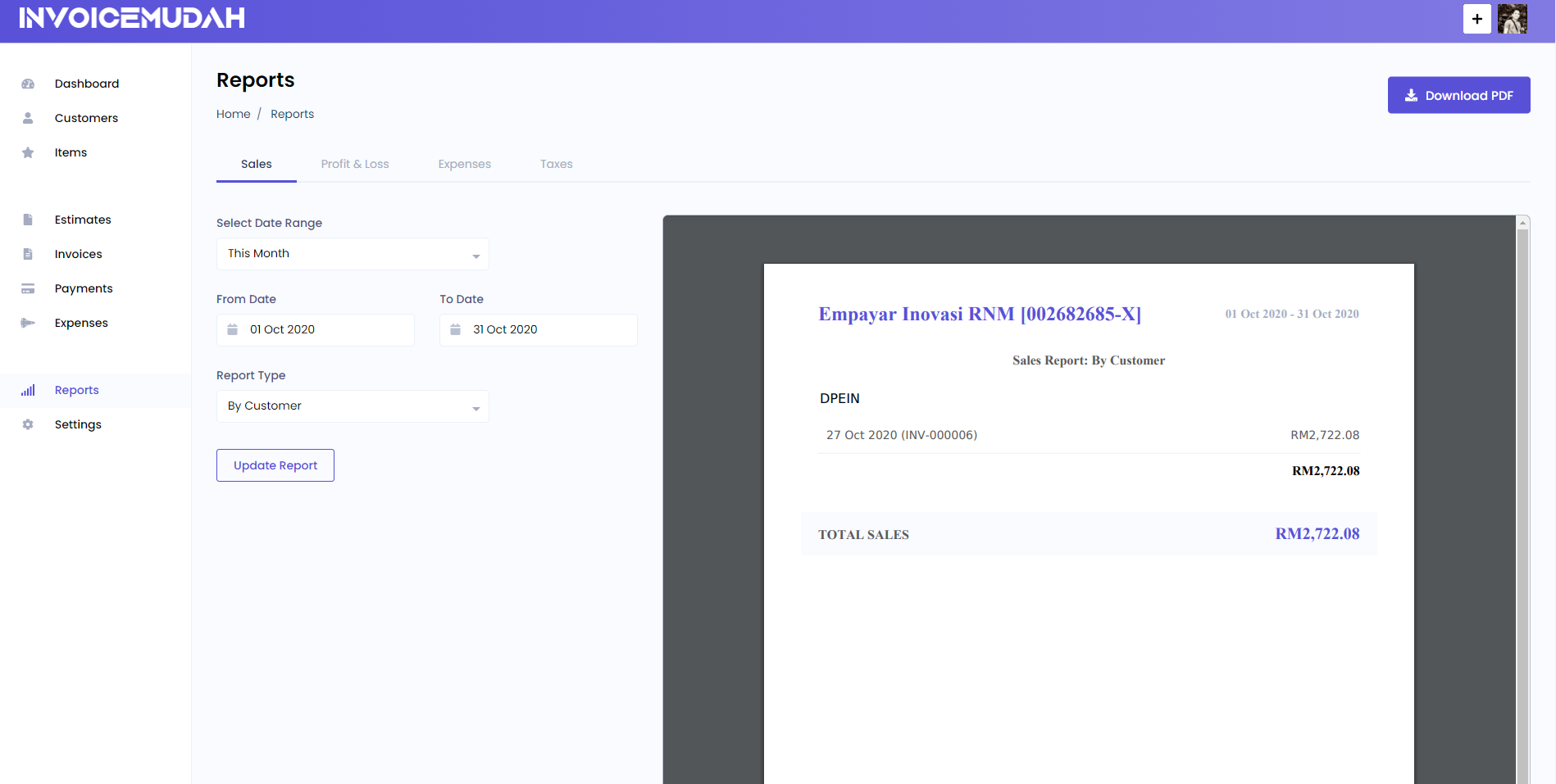 Expenses Report Page