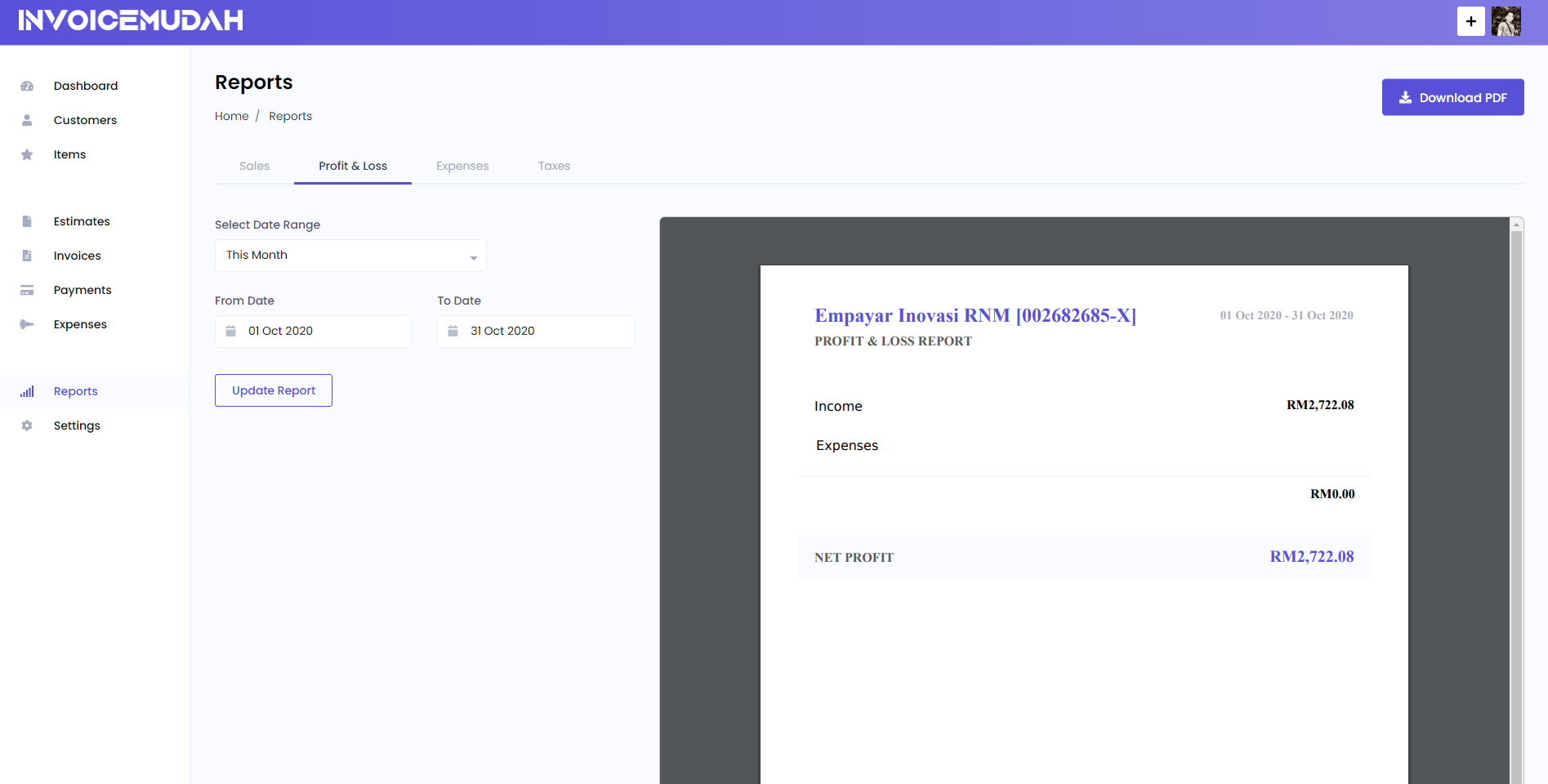 Profit & Loss Report Page